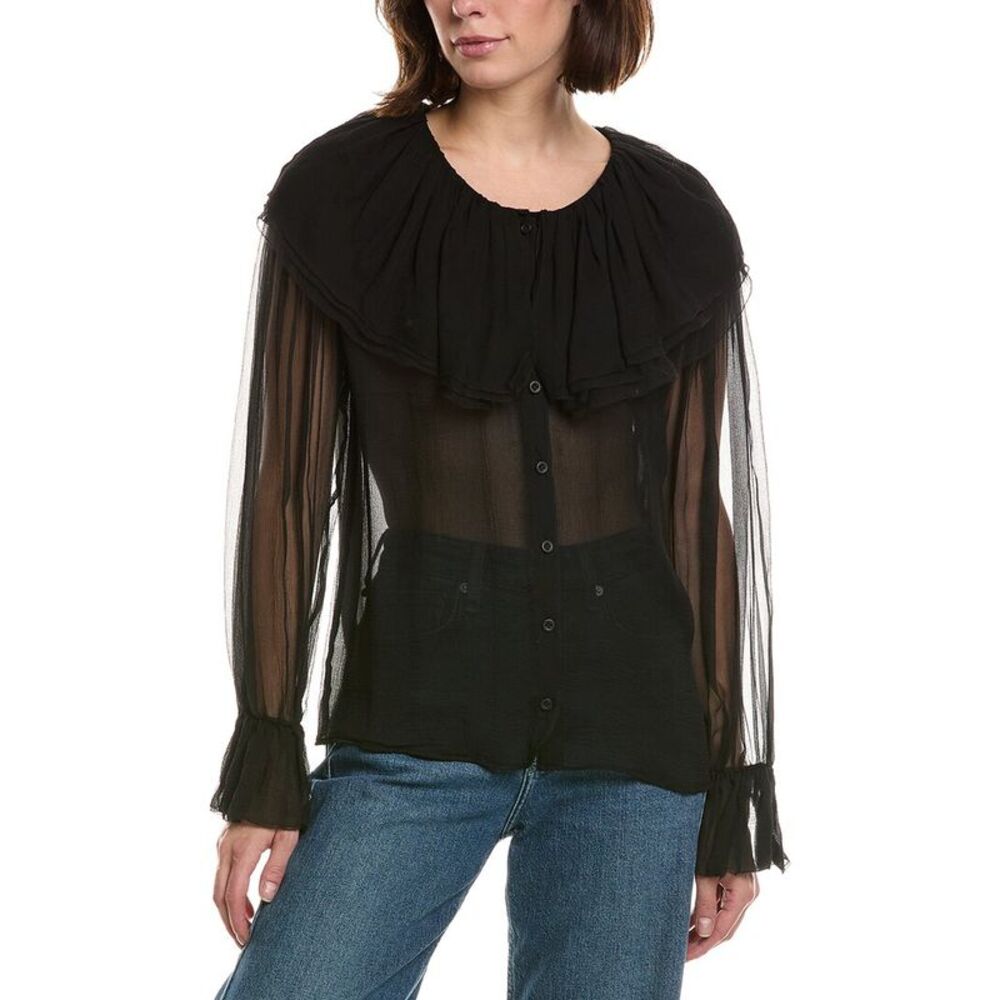 Frame Denim Womens Frame The Tiered Statement Silk Blouse, Black